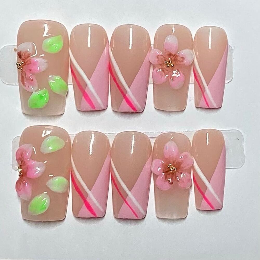 Pink 3D Flowers Double Line V French Tips Handmade Square Press-On Nails Large
